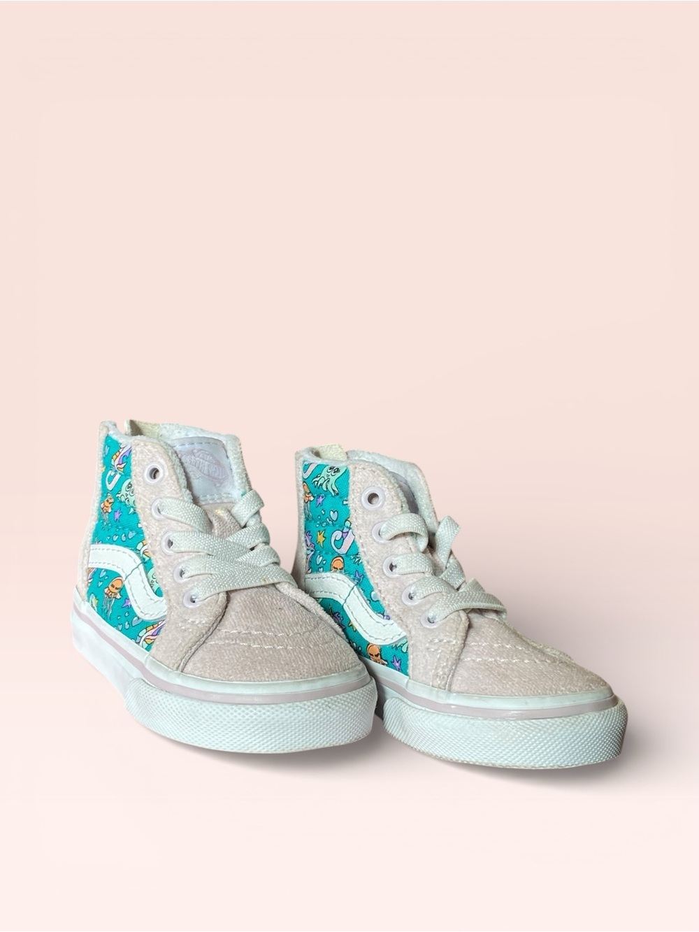 Vans Toddler Sk8-Hi Zip "Sea Party" sneakers with teal ocean scene & pink accent